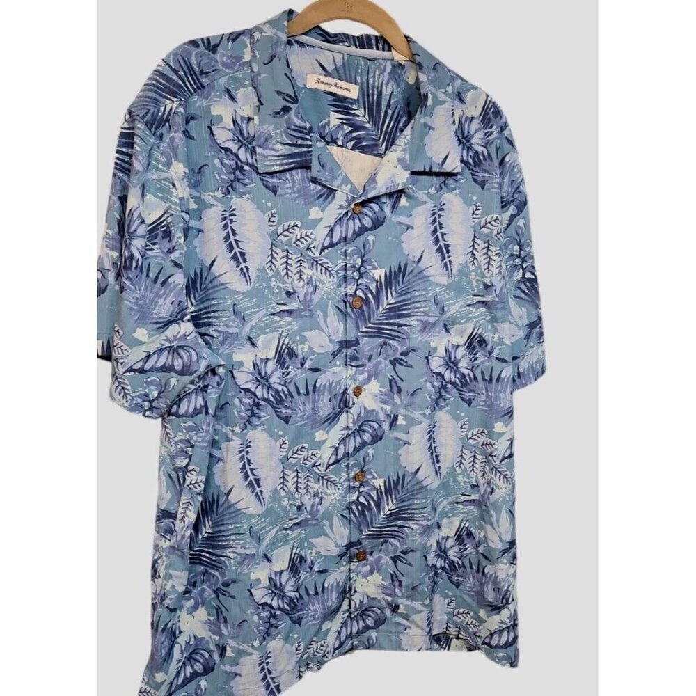 Tommy Bahama Hawaiian Shirt Mens XL Silk Blend Blue Palm Leaf Button Up Camp